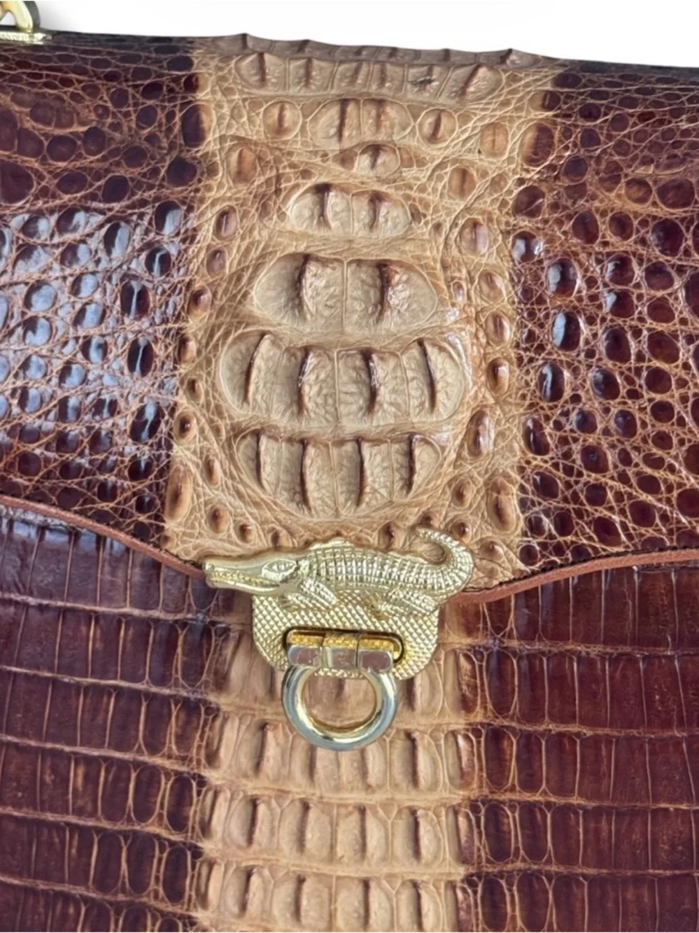 Vintage Genuine Crocodile Two-Tone Brown Top Handle Satchel Gold-Tone Hardware